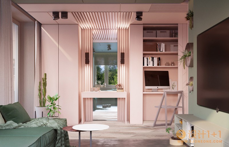 粉红和绿配色的家居装修设计